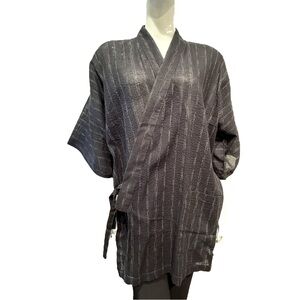 Terakoya Black Striped Cotton Kimono Top Pocket Detail NWT Size Large